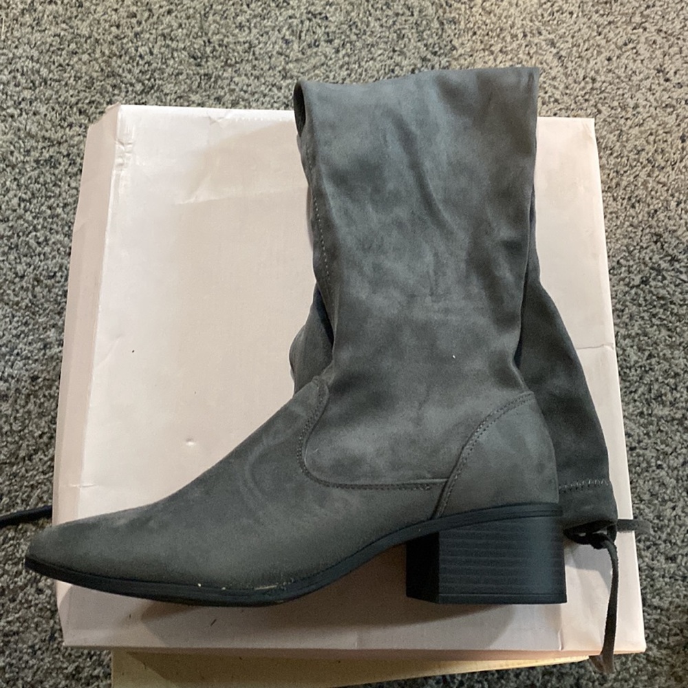 Grey knee high boots